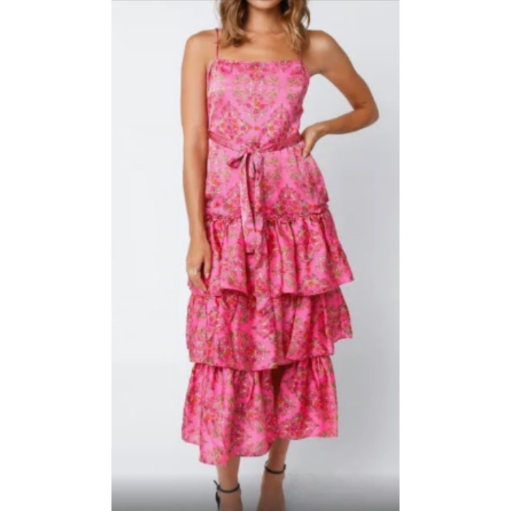Olivaceous Pink Cosmo Spaghetti Strap Tiered Ruffle Midi Dress Large